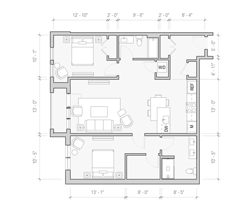 Floor plan for 2 beds, 2 baths, 1044 sqft